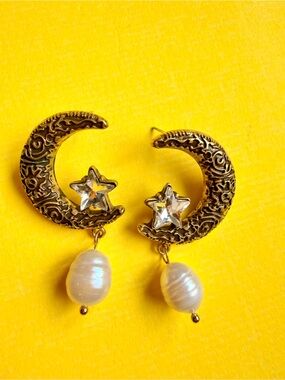 Gold Moon & Star with Freshwater Pearl Drop Earrings